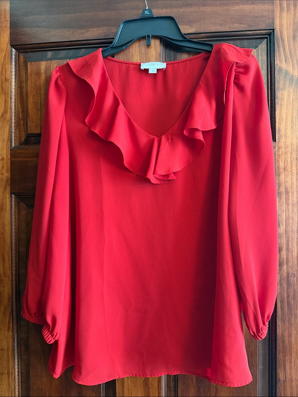 LOFT Red Ruffle V-Neck Long Sleeve Blouse
